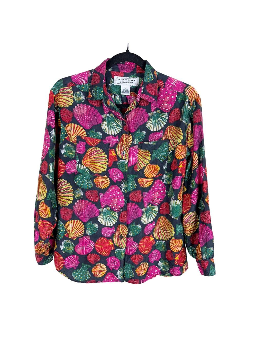 Vtg Fenn Wright & Manson Seashell Novelty Print Silk Shirt Womens Size L Retro